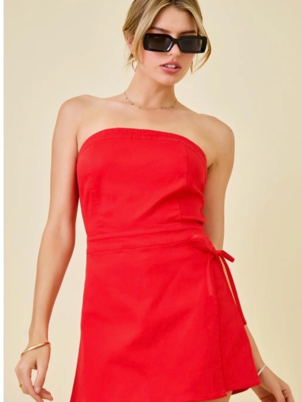 BDG Strapless Tie-Waist Mini Dress in Red